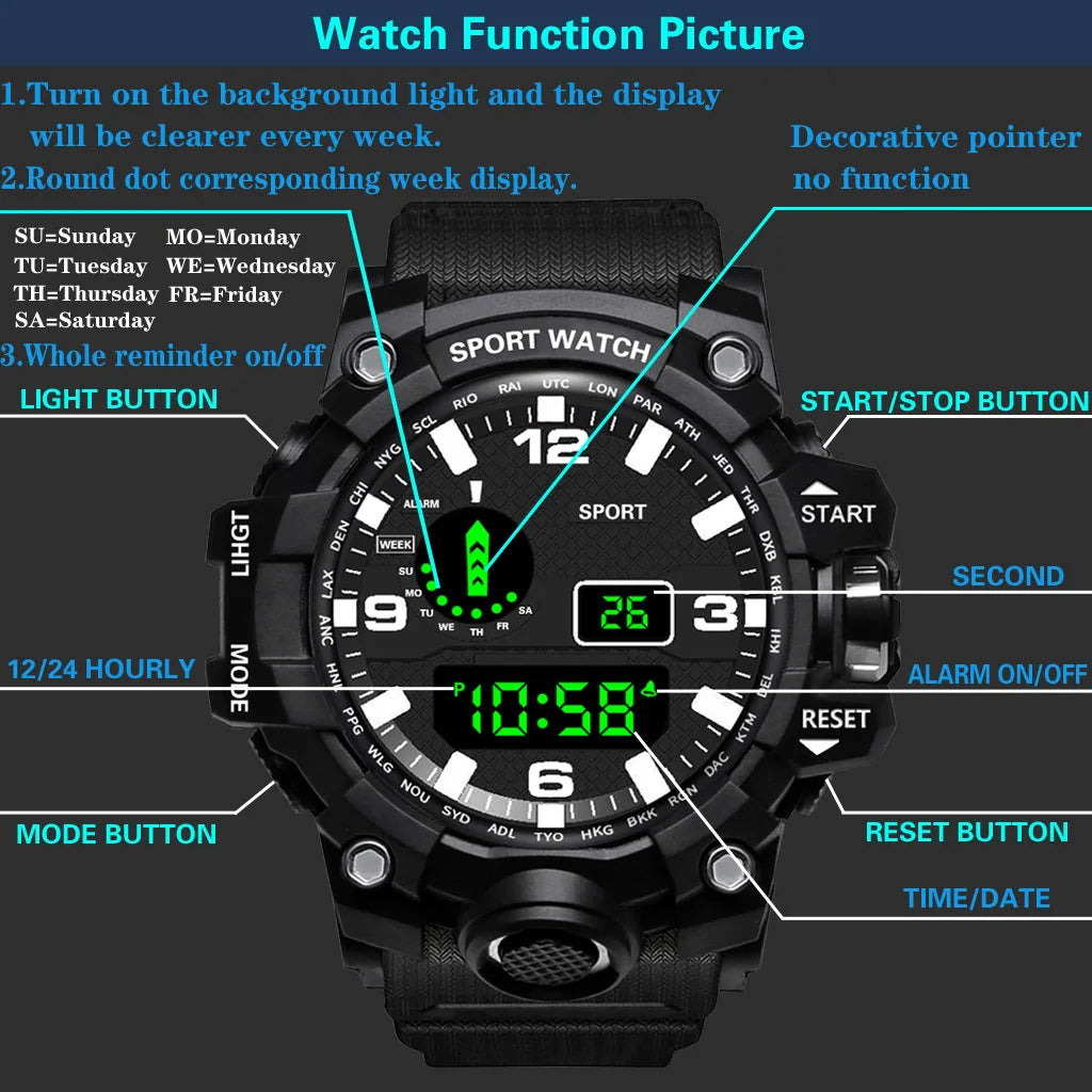 Reloj de pulsera deportivo electrónico de moda para hombre, esfera grande multifuncional impermeable, alarma luminosa, reloj militar para niños y hombres