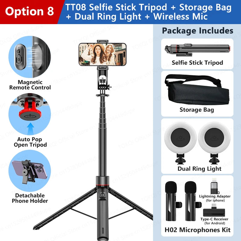 TOKQI TT03 — Perche à Selfie Extensible 1.76m Ouverture Auto Télécommande Magnétique