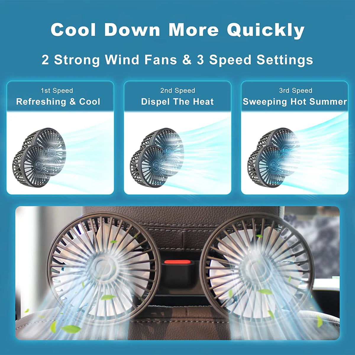 Ventilateur de voiture 360 °   Ventilateur de refroidissement arrière de siège de voiture à 3 vitesses, Charge USB, double tête, refroidisseur de cou à Rotation réglable pour accessoires de voiture et de maison