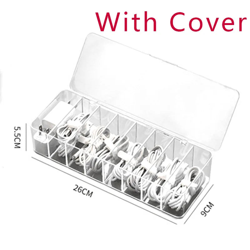 Clear Plastic Data Cable Storage Box, Household Cable, Mobile Phone Charger, Charging Cable Finishing Box, Divided Grid Box