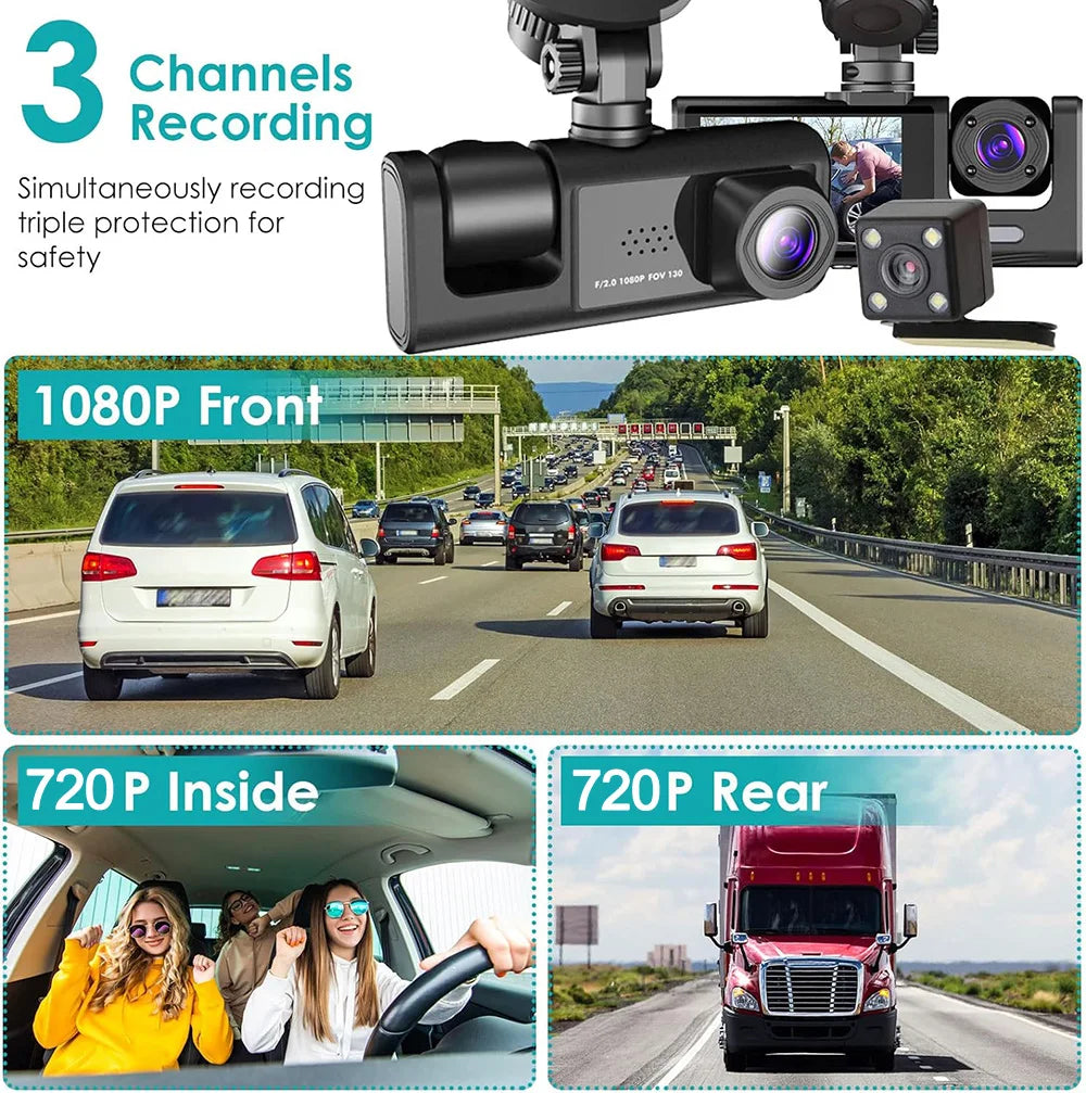 Dashcam 1080P WiFi 2/3 Caméras — Vision Nocturne Avant Arrière Véhicule