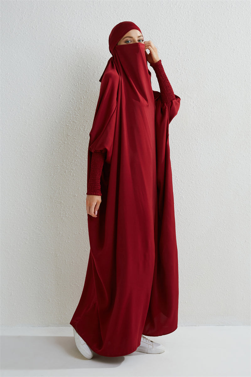 Abaya musulman à capuche manches smockées une pièce Robe de prière femmes Jilbab vêtements islamiques dubaï saoudien Robe noire modestie turque