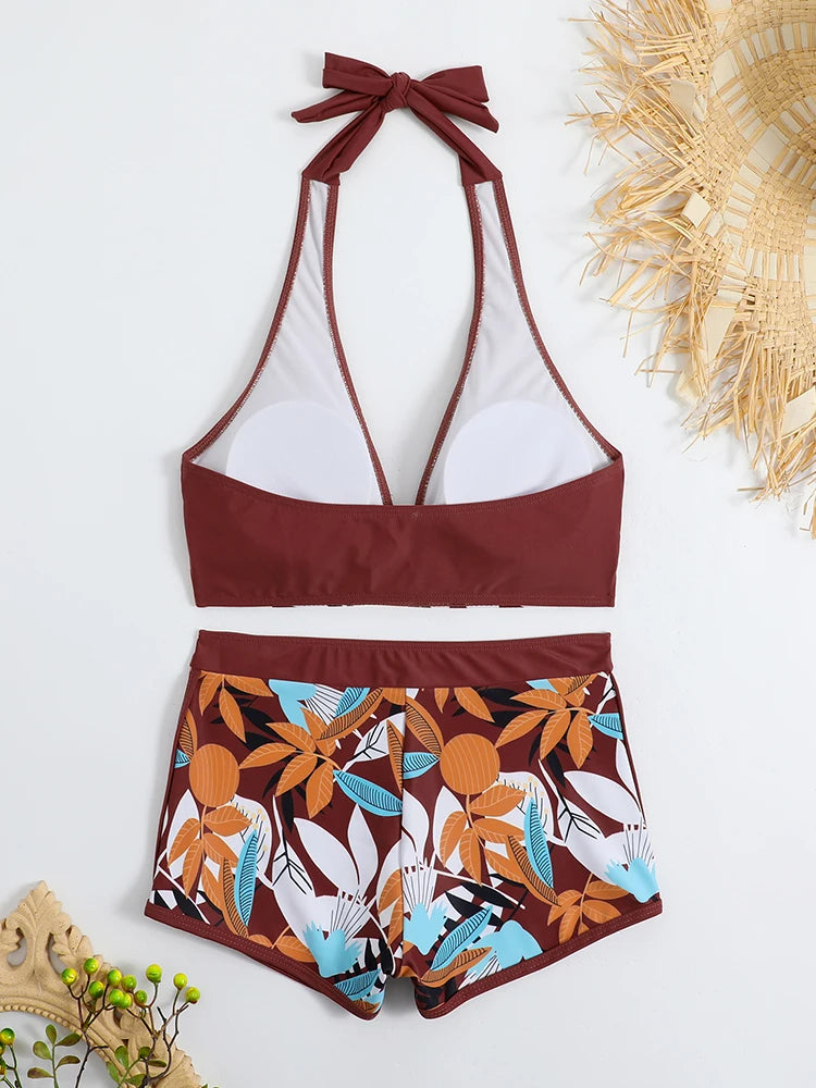 Ensemble de bikini halter 2026, maillot de bain court pour femme, maillot de bain taille haute imprimé, tenue de plage