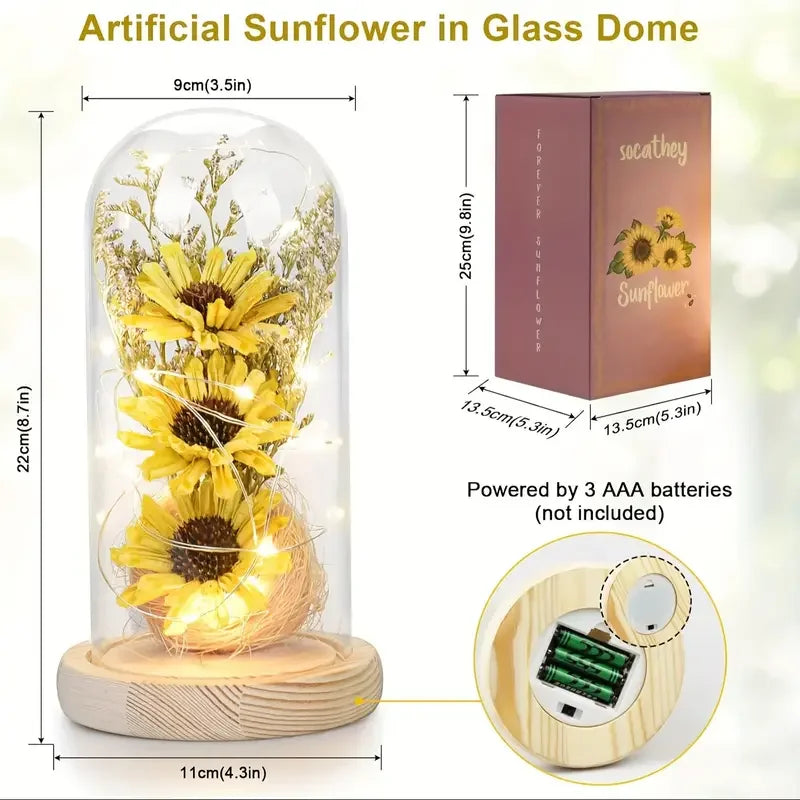 Girasoles artificiales de cristal bretón con tira de LED para mujeres, regalos de girasol, decoración de girasol, Día de la Madre, Fiesta de León