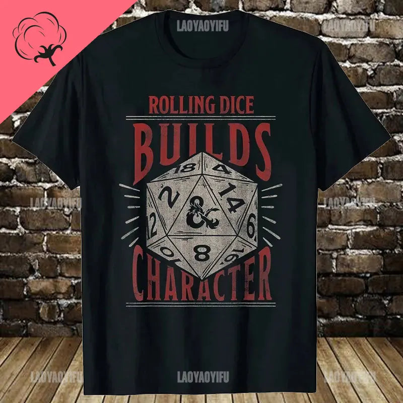T-shirt rétro en coton pour homme — streetwear, vintage, gamer, donjons, dés, dragon, cadeaux été