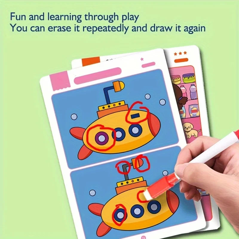 Juego de cartas educativo y reutilizable de dibujos animados para niños Encuentra las diferencias Encuentra niveles de dificultad para entrenar la atención y la concentración