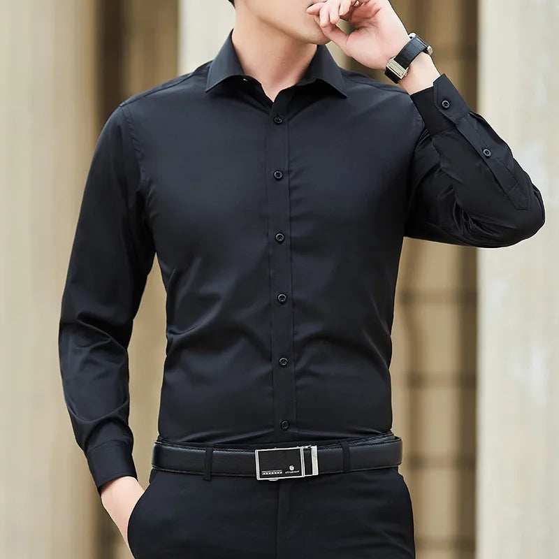 Men's Long-Sleeve Business Shirt, Plus Size, Solid Color, Classic Fashion, Basic, Casual, Slim, White, Brand Apparel, New Collection