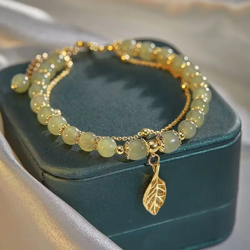 Chinese Style Green Jade Bracelet for Women, Exquisite Gold Color, Leaves, Double Chain Bracelet, Gifts for Girls