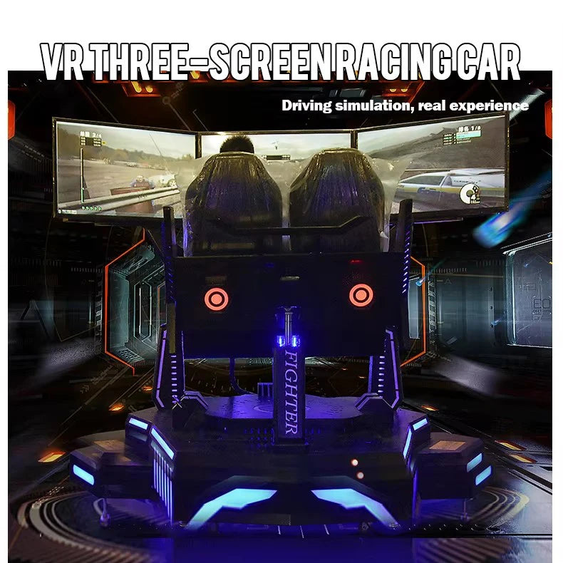 Machine de course VR intérieure à 3 écrans, simulateur 2 places 3 DOF avec volant en métal, simulateur de conduite de jeu de voiture de course à trois axes