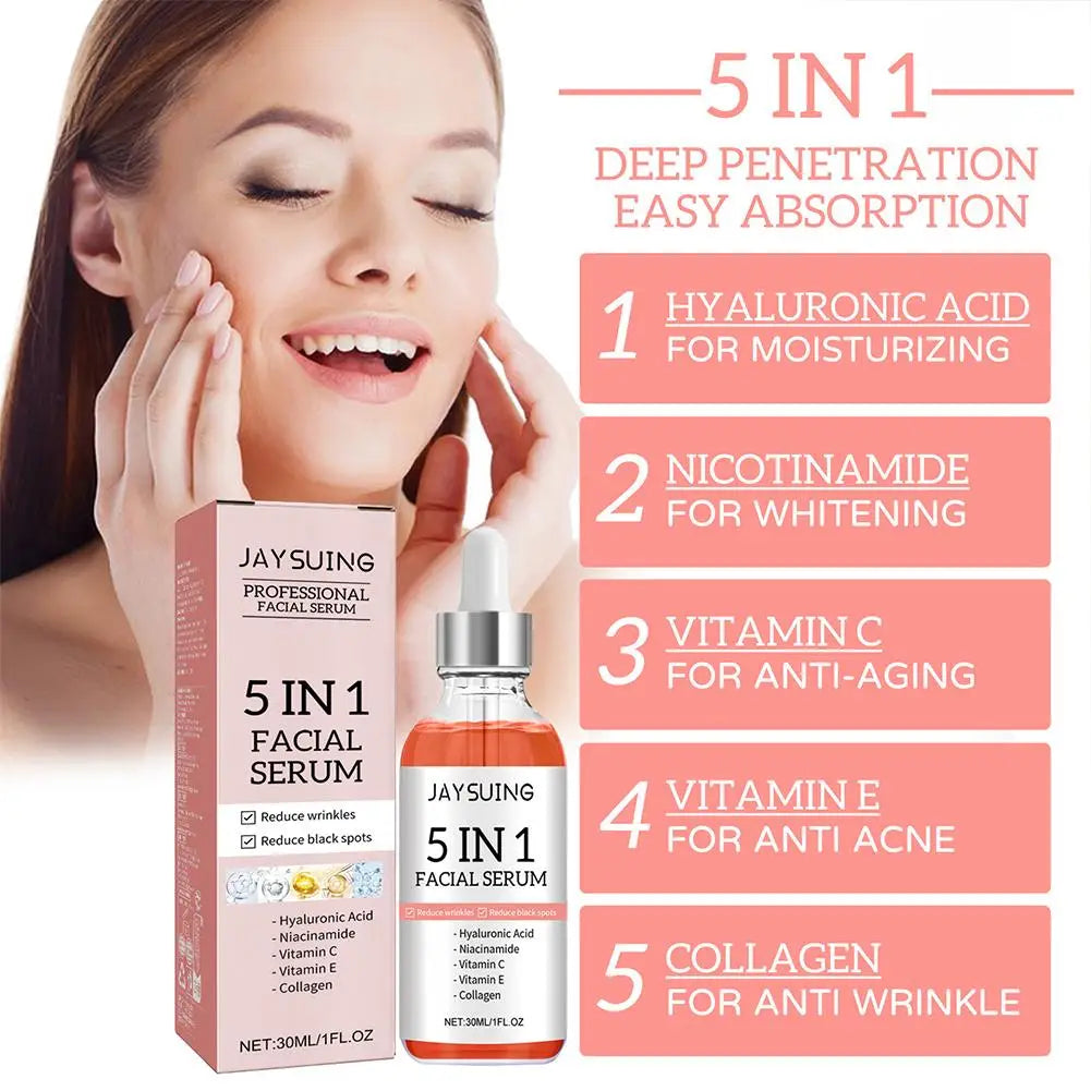 Sérum facial reafirmante 5 en 1, difumina líneas finas, hidratante, aclarante, vitamina C, ácido hialurónico, reduce los poros, cuidado de la piel