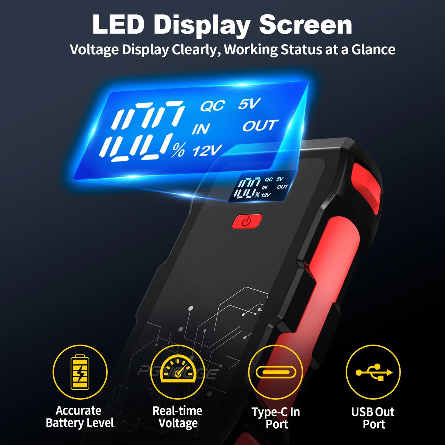 PGNOOGE 26800mAh 6000A de Crête Démarreur de Batterie, Booster de Batterie pour Tous les Moteurs Essence et 10L Diesel, 12V Batterie Voiture avec Lampe Torche, Affichage LED, Charge Rapide USB