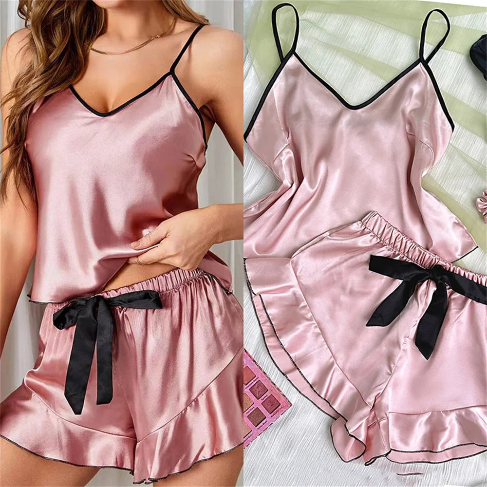 Women's Smooth Satin Pajamas, V-Neck T-Shirt, Ruffled Edges and Bow Shorts, Simple and Breathable Pajama Set, Strappy Homewear