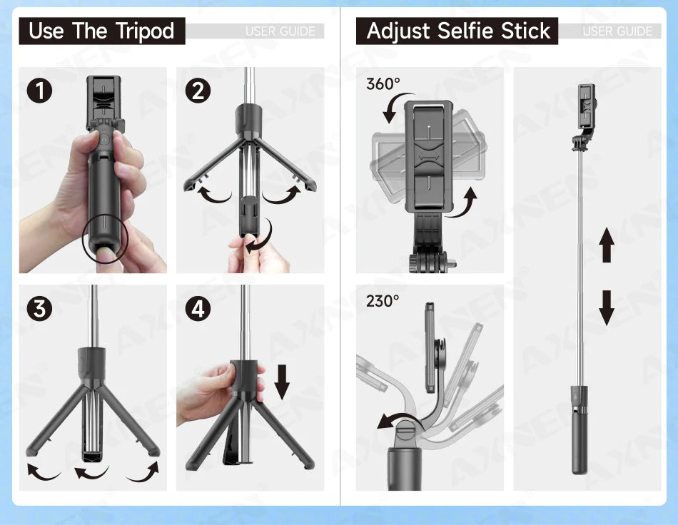 Trépied perche à selfie Bluetooth — support bureau, téléphone, obturateur télécommande sans fil, lumière de remplissage
