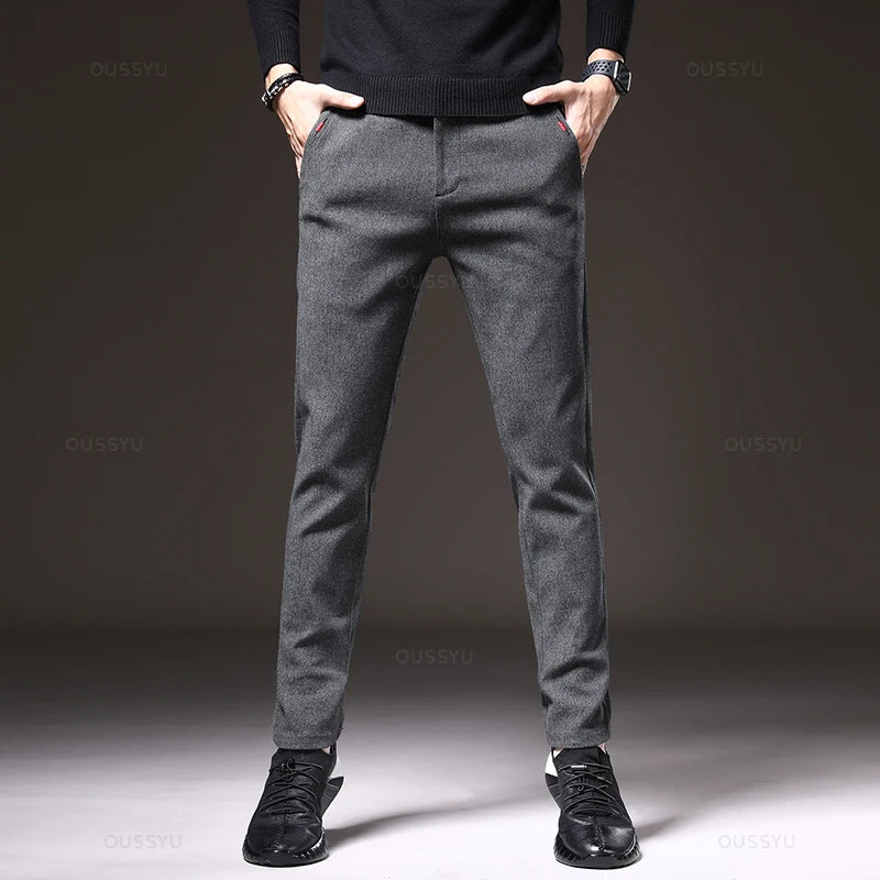 Pantalon décontracté pour homme, coupe slim, taille élastique, extensible, en coton épais, gris et noir, style business, nouvelle collection printemps