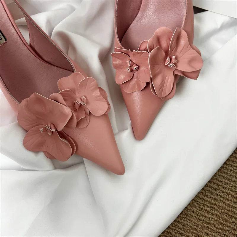 Zapatos de tacón alto para mujer, puntera en pico, destalonados, de oficina, con tacón bajo, rosa, blanco, diseño floral, sexy