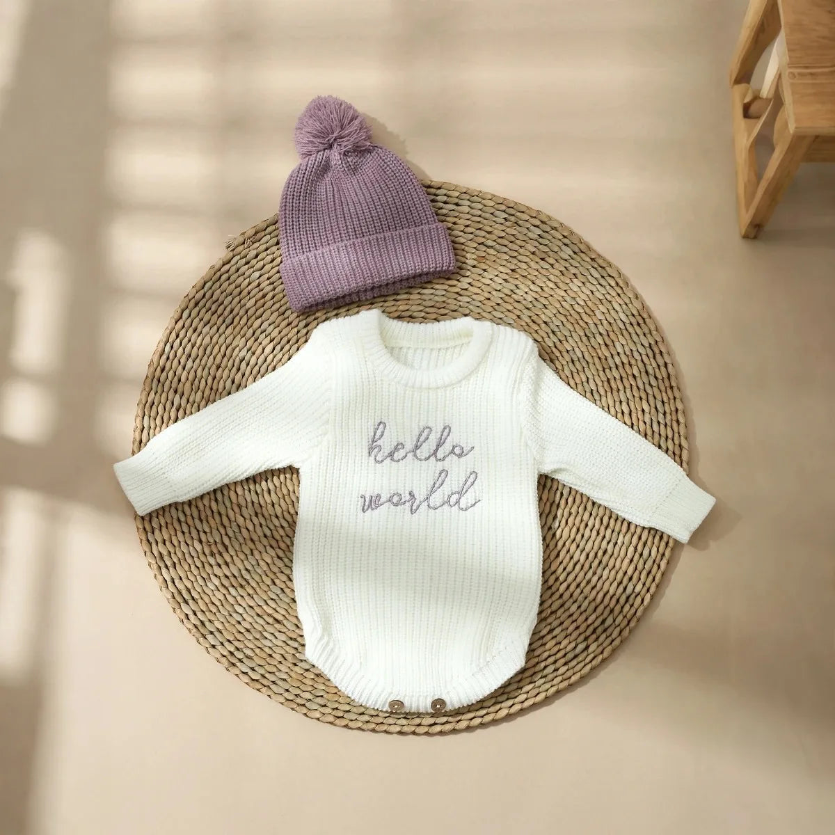 Hello World – pelele de punto para recién nacidos con gorro de pompones a juego, suéter para bebés niños y niñas, conjuntos para sesión de fotos, HD