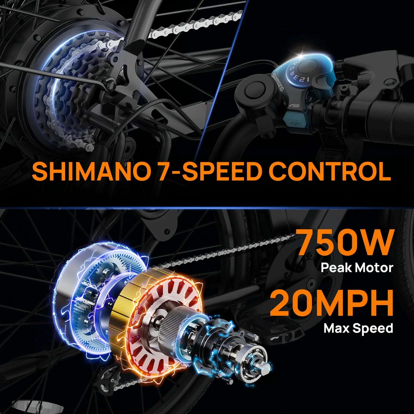 26x2 inch 750W Electric Bicycle Tires, 48V, 10.4ah, Detachable LCD Display, 20MPH Speed, 7-Speed Hydraulic Disc Brakes for Adults