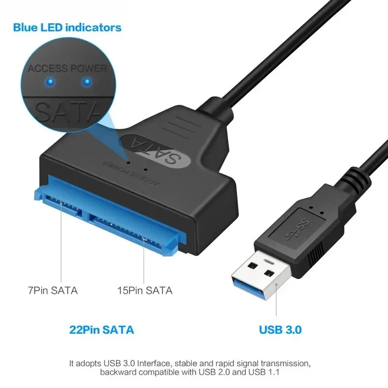 Câble SATA vers USB 3.0/2.0 jusqu'à 6 Gbps pour disque dur SSD externe 2.5 pouces, adaptateur SATA 3 22 broches, cordon USB 3.0 vers Sata III