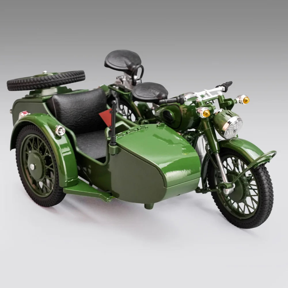 Moldeado a presión 1:10 Sidecar Triciclo modelo de simulación de aleación con luz y sonido, coche de juguete retro, adornos, coche en miniatura de colección, regalo para niño