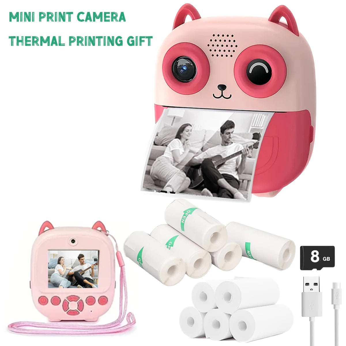 Cámara de impresión instantánea con forma bonita, cámara de doble objetivo HD de 1080P, impresión instantánea, viene con rollos de papel de impresión térmica
