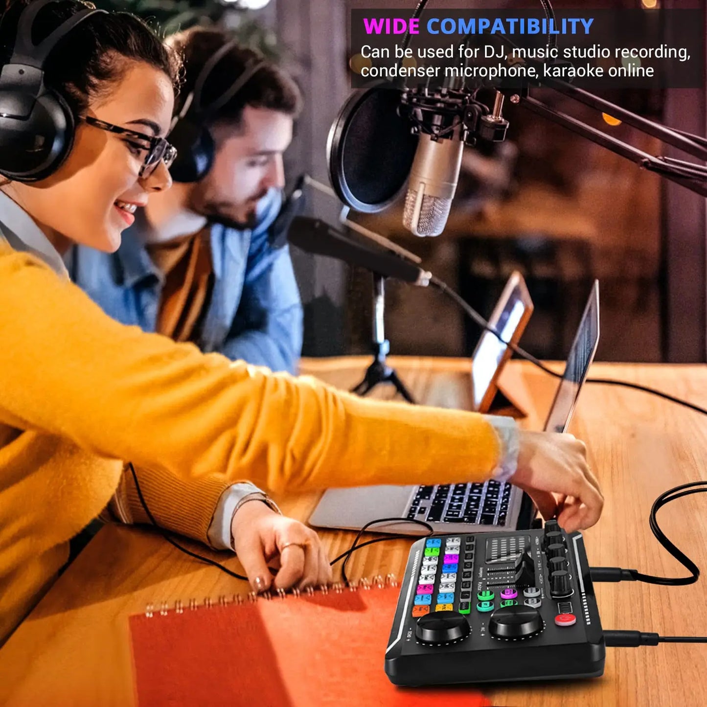 F998 — Kit Studio Podcast Complet Carte Son, Microphone & Mélangeur