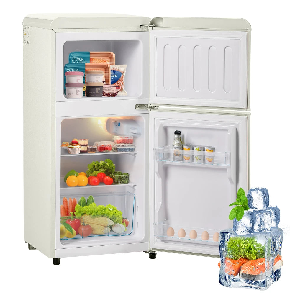 Combinaison réfrigérateur-congélateur rétro 45,5 cm de large, 2 portes 60 litres de volume total, volume de congélateur 22 litres. 102 KWh/année,