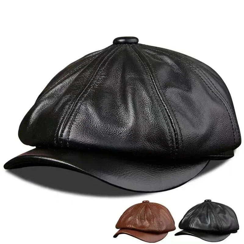 Unisex octagonal cowhide leather caps, newsboy hat, 100% genuine leather, warm cap, painter's beret, spring and winter