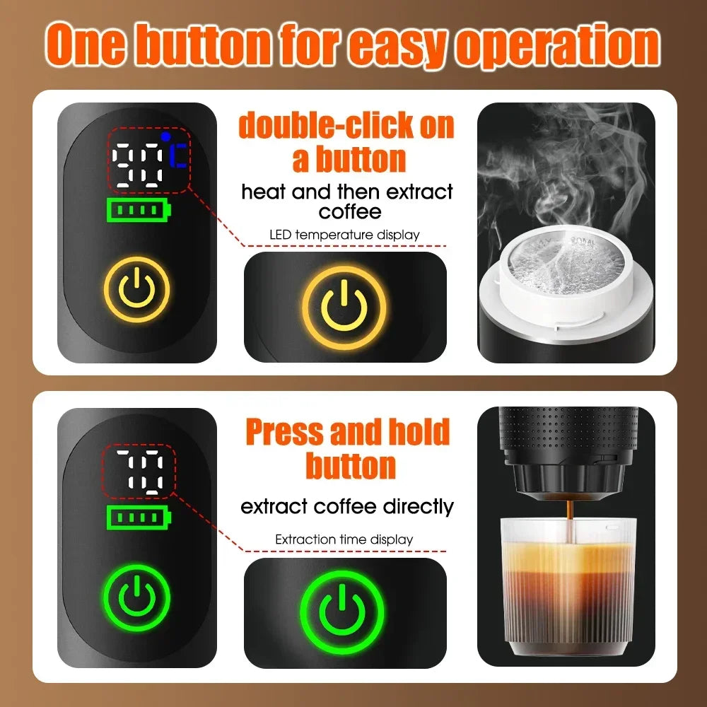 Machine à café expresso portable sans fil — voiture, camping, réservoir 80 ml, affichage numérique, 3 en 1, capsules et poudres