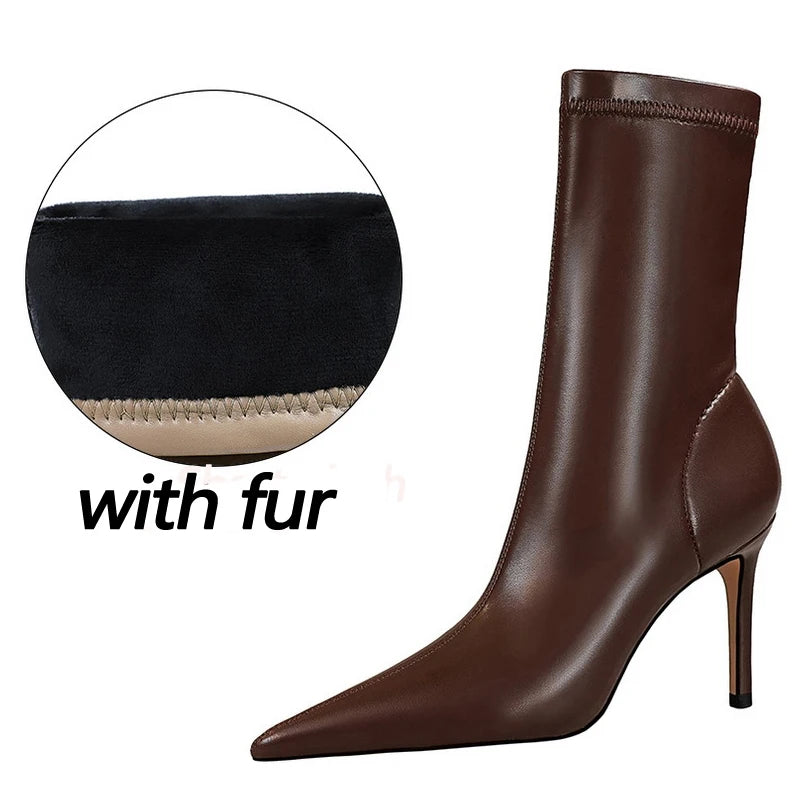 BIGTREE-Botas de piel de tacón alto para mujer, botines cortos, zapatos de tacón, otoño e invierno