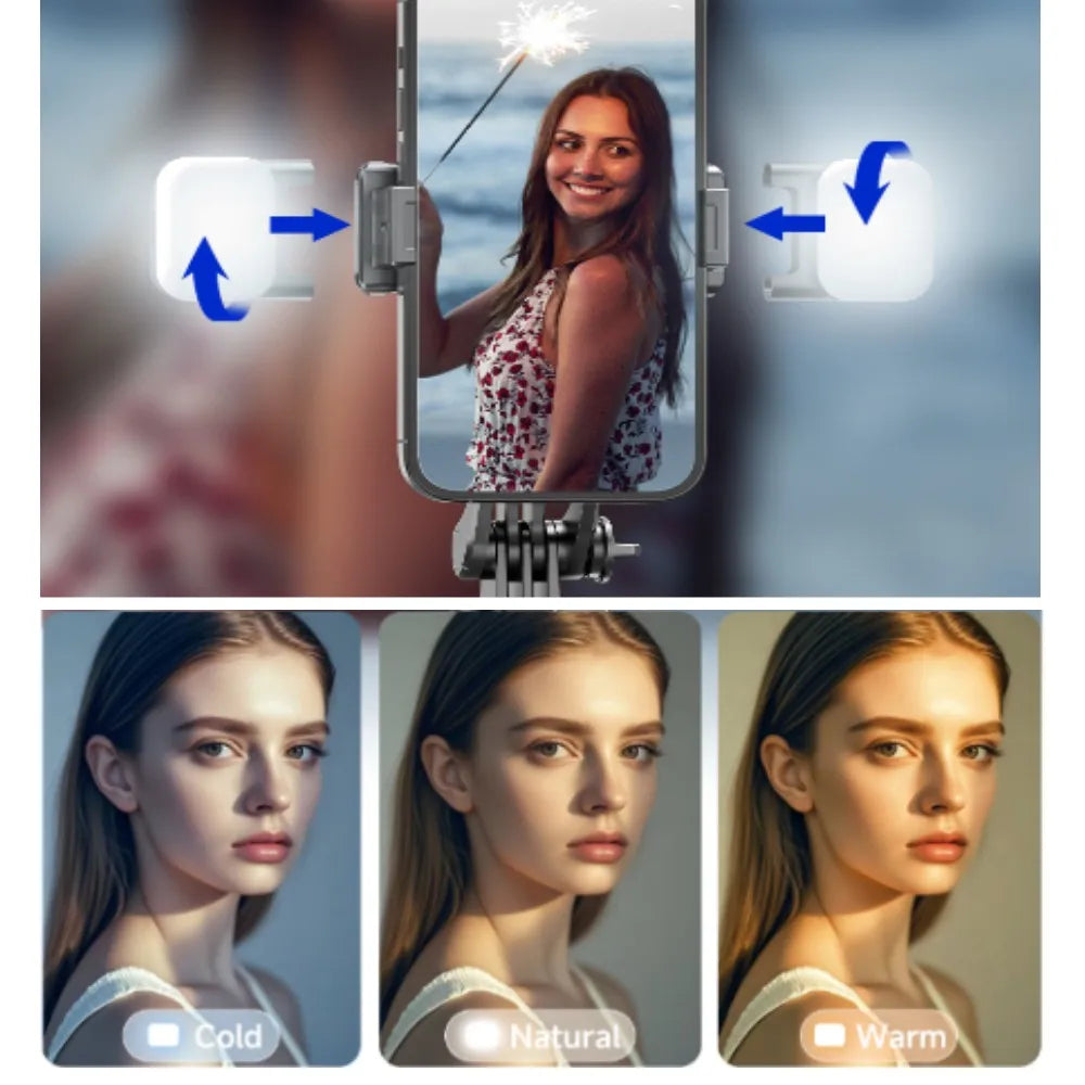 Trépied perche à selfie avec lumière de remplissage — 1708mm, télécommande Bluetooth, rotation 360°, interface 1/4