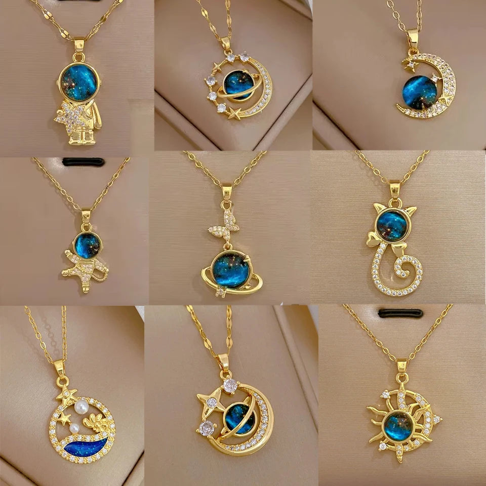 Collar de la serie Star Series para mujer, acero de titanio de lujo ligero, documento en oro, colgante de astrónomo planeta luna, collares de la presidencia, joyas de regalo