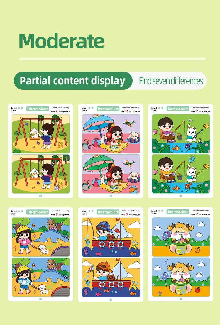 Juego de cartas educativo y reutilizable de dibujos animados para niños Encuentra las diferencias Encuentra niveles de dificultad para entrenar la atención y la concentración
