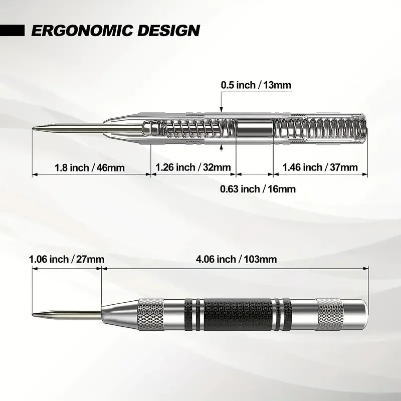 Automatic center punch, hole marker, wood, metal, steel, spring-loaded, drill locator, heavy-duty punch, carpentry, automatic hand tool
