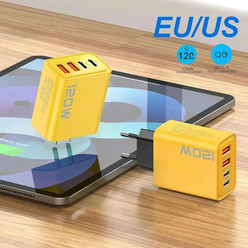 Cargador rápido USB de 120W en total, 4 puertos PD, carga rápida USB 3.0, tipo C, enchufe universal de pared para UE, EE. UU., Reino Unido, adaptador de carga USB C.