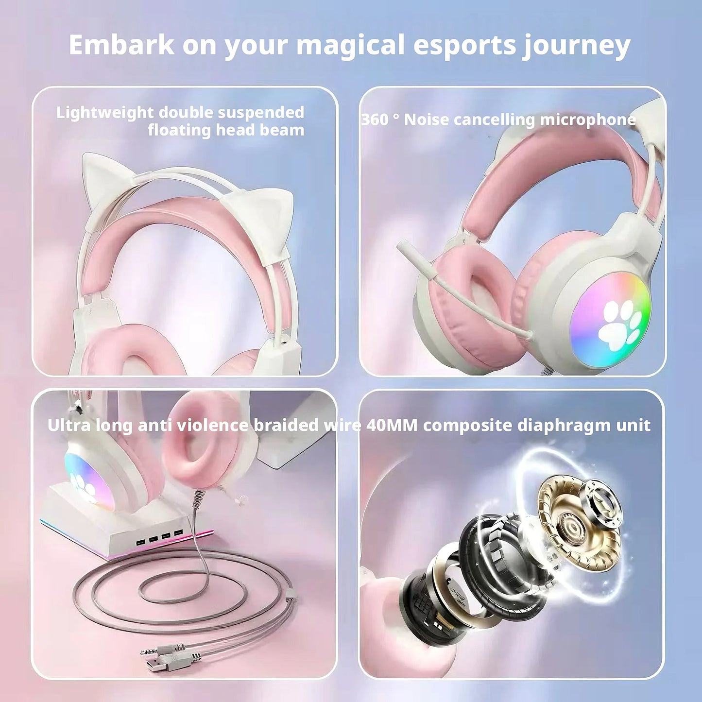 Casque gaming oreilles de chat filaire — suppression du bruit, éclairage LED, son surround FPS, micro (v2)