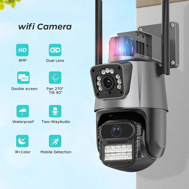 Cámara exterior Wifi PTZ 4K 8MP HD Doble lente Doble pantalla AI Seguimiento automático 4MP Videovigilancia Alarma de luz de policía iCSee