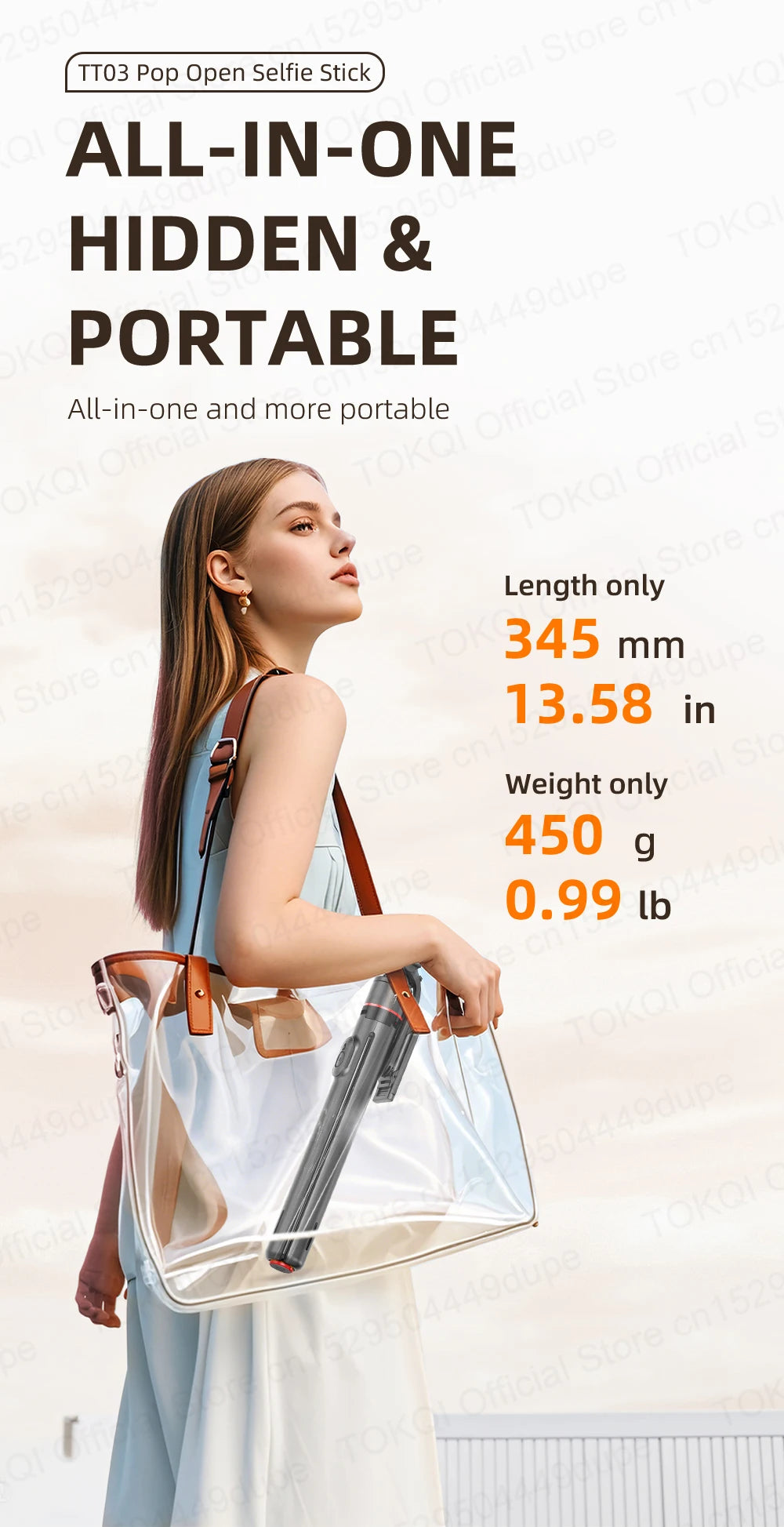 TOKQI TT03 — Perche à Selfie Extensible 1.76m Ouverture Auto Télécommande Magnétique