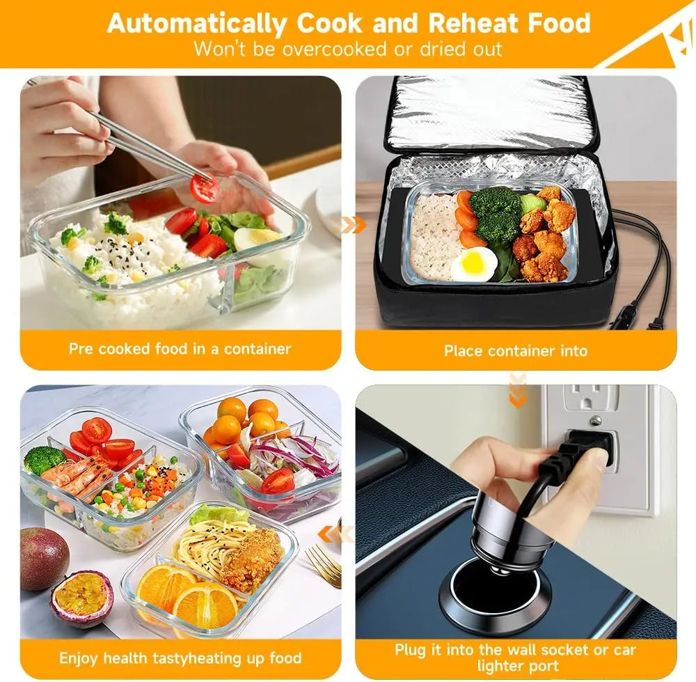 Four portable 100W adjustable food warmer, 12V/24V/110V electric lunch box for adults, personal microwave for reheating