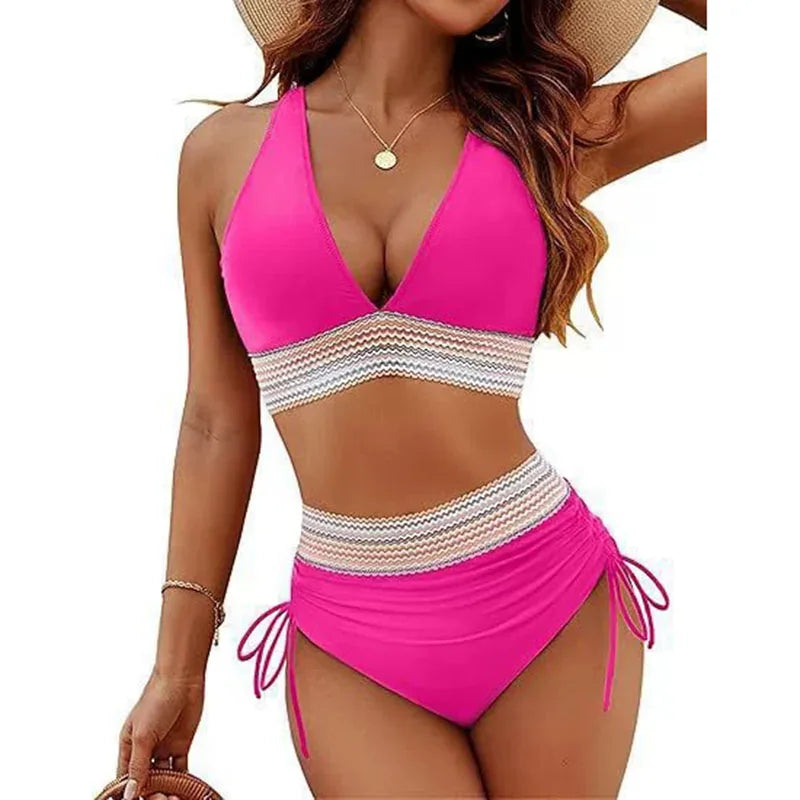Ensemble de maillot de bain bikini sexy à col en V profond pour femme, collection été 2026, avec coussinets de poitrine, taille haute et cordon de serrage, style triangle