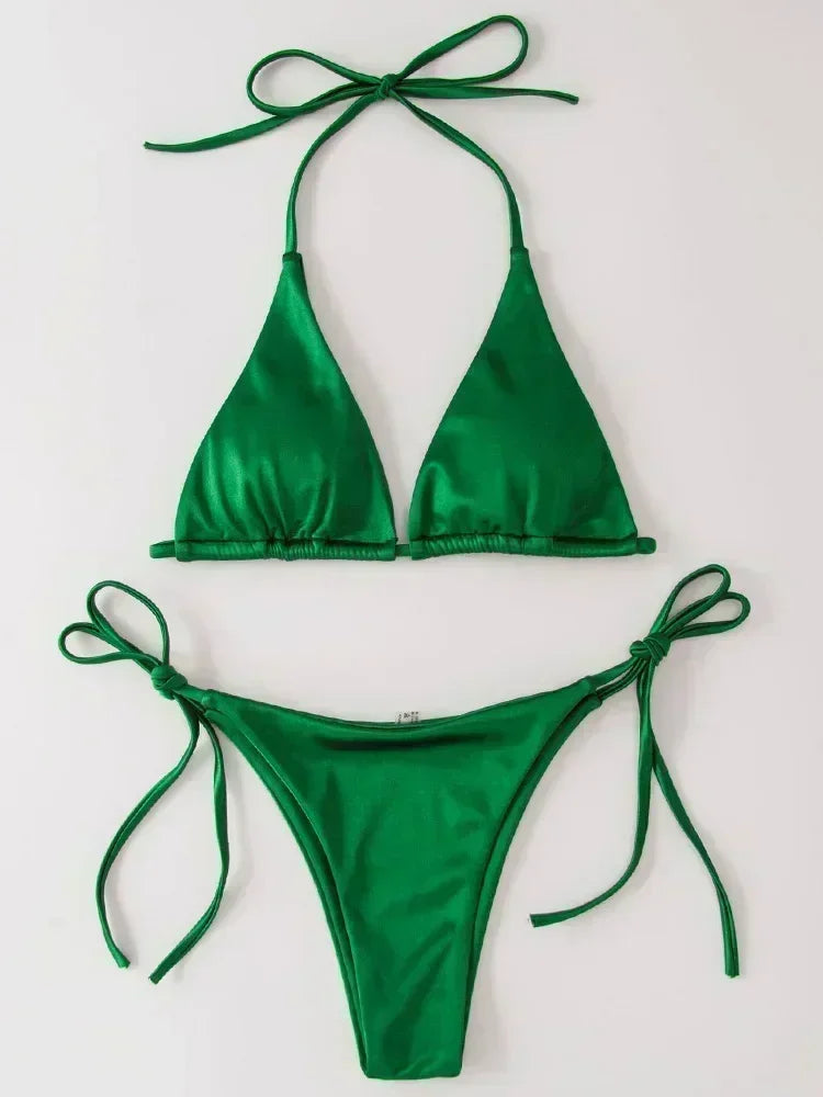 Licou brésilien métallique Satin Bikini femmes maillots de bain femme maillot de bain deux pièces Bikini ensemble coupe haute maillot de bain maillots de bain