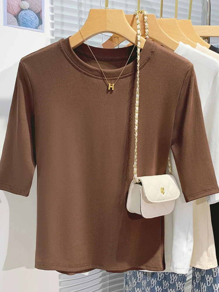 T-shirt femme 100% coton basique — col rond, tendance, uni, manches courtes, été 2026