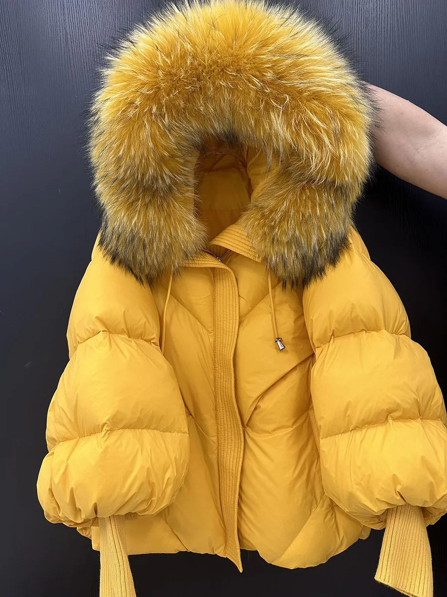 Winter Hooded Natural Big Fur Collar Down Jacket Women Short White Duck Down Outwear Female Lantern Sleeve Warm Quilted Coat