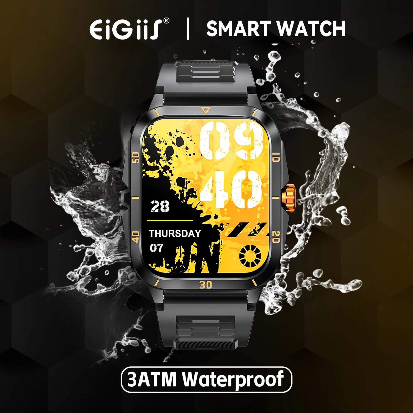 EIGIIS Reloj inteligente 3ATM impermeable 1.96" IPS militar KT71 para hombres 100+ modos deportivos Ritmo cardíaco Presión arterial Llamada Bluetooth