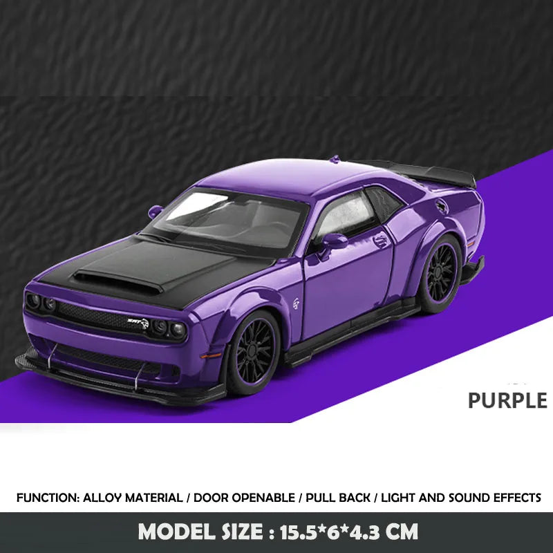 Modelo de coche de aleación Dodge Challenger Hellcat SRT 1:32 con sonido y luz, vehículo de juguete de metal con retrofricción, regalo para niño, colección en miniatura