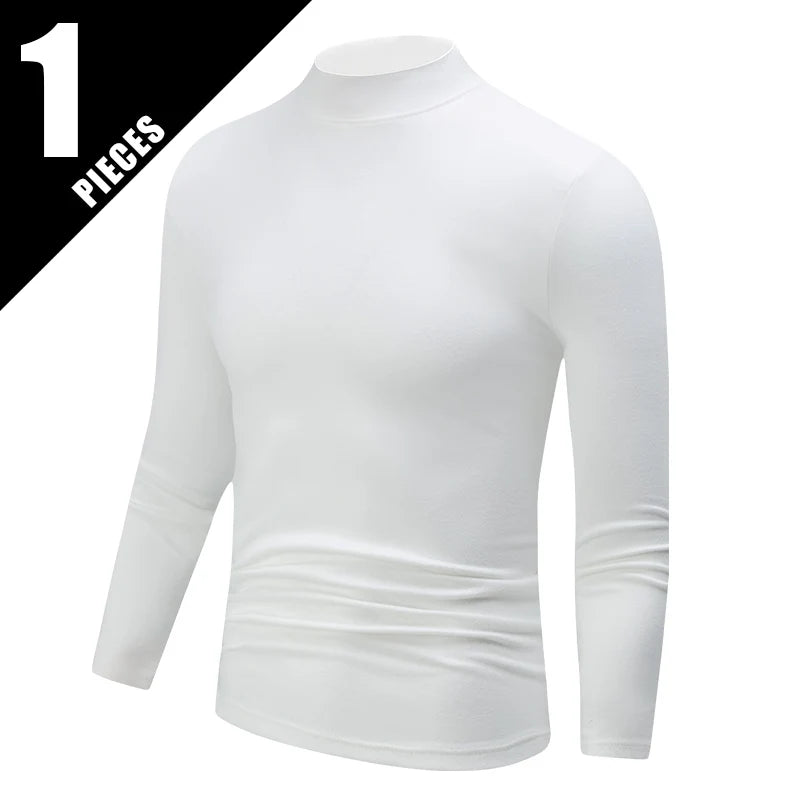 1/2 pcs Autumn and Winter Men's Fashionable Semi-High Neck Long-Sleeve Base Top Solid Color Casual Sports Fitness Warm T-Shirt