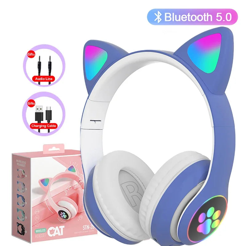 Auriculares estéreo Bluetooth 5.0 con orejas de gato y luz LED, compatibles con tarjeta TF y micrófono, inalámbricos, para niños y niñas, regalo de cumpleaños