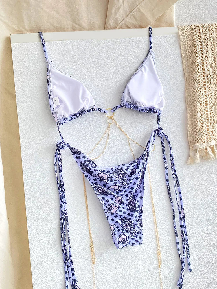 Sexy Triangle chaînes Bikini ensembles Micro tongs maillot de bain femmes maillot de bain Biquini pansements de plage maillot de bain imprimé string Bikini