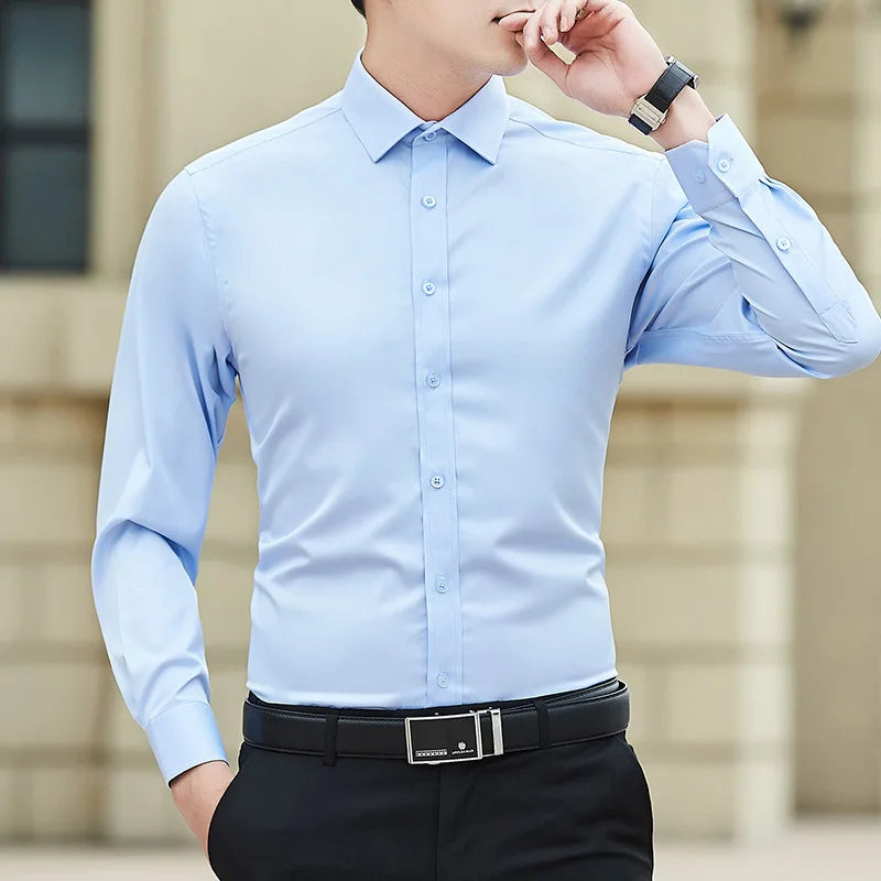 Men's Long-Sleeve Business Shirt, Plus Size, Solid Color, Classic Fashion, Basic, Casual, Slim, White, Brand Apparel, New Collection