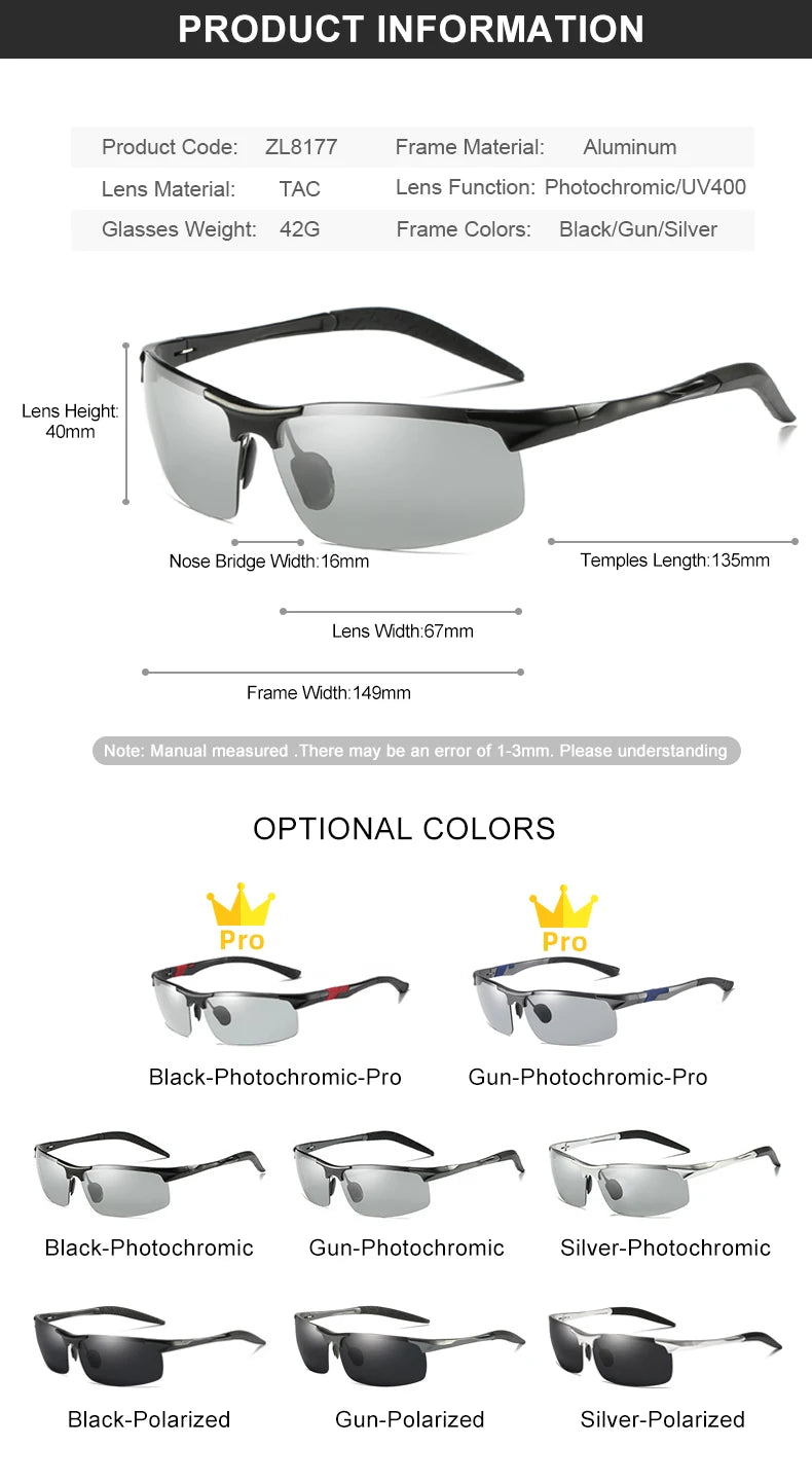 Lunettes de soleil aluminium photochromiques polarisées — jour/nuit, conduite, caméléon, anti-éblouissement, UV