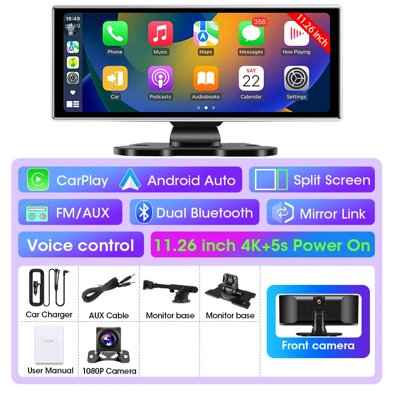 10/11.26 pulgadas Dash Cam 4K coche DVR inalámbrico Carplay y Android Auto GPS Navegación grabadora de vídeo de salpicadero doble lente Wifi FM AUX
